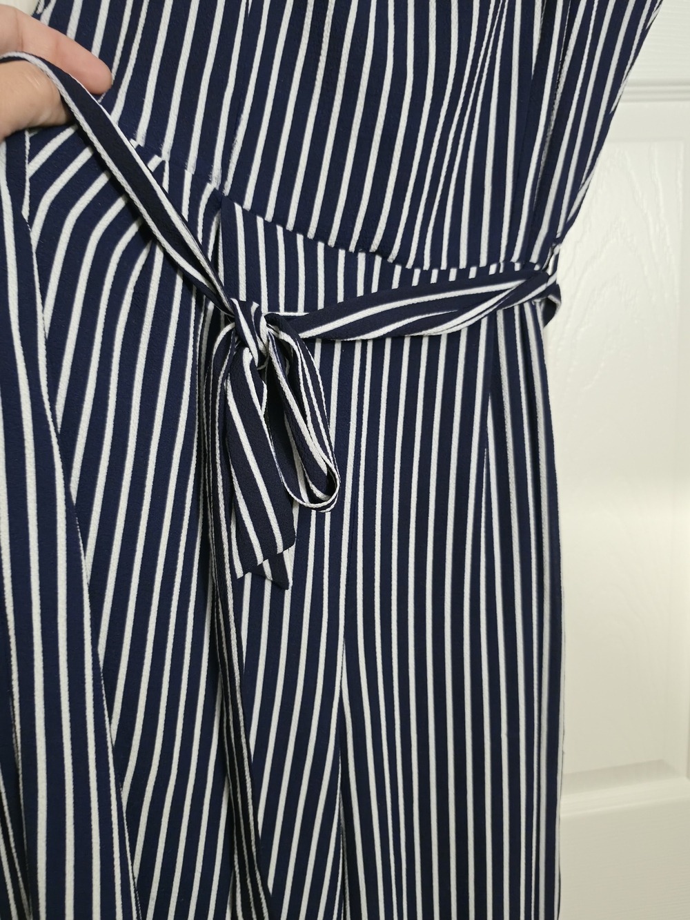 XL Monteau Navy & White Vertical Stripe Tie-Waist Jumpsuit